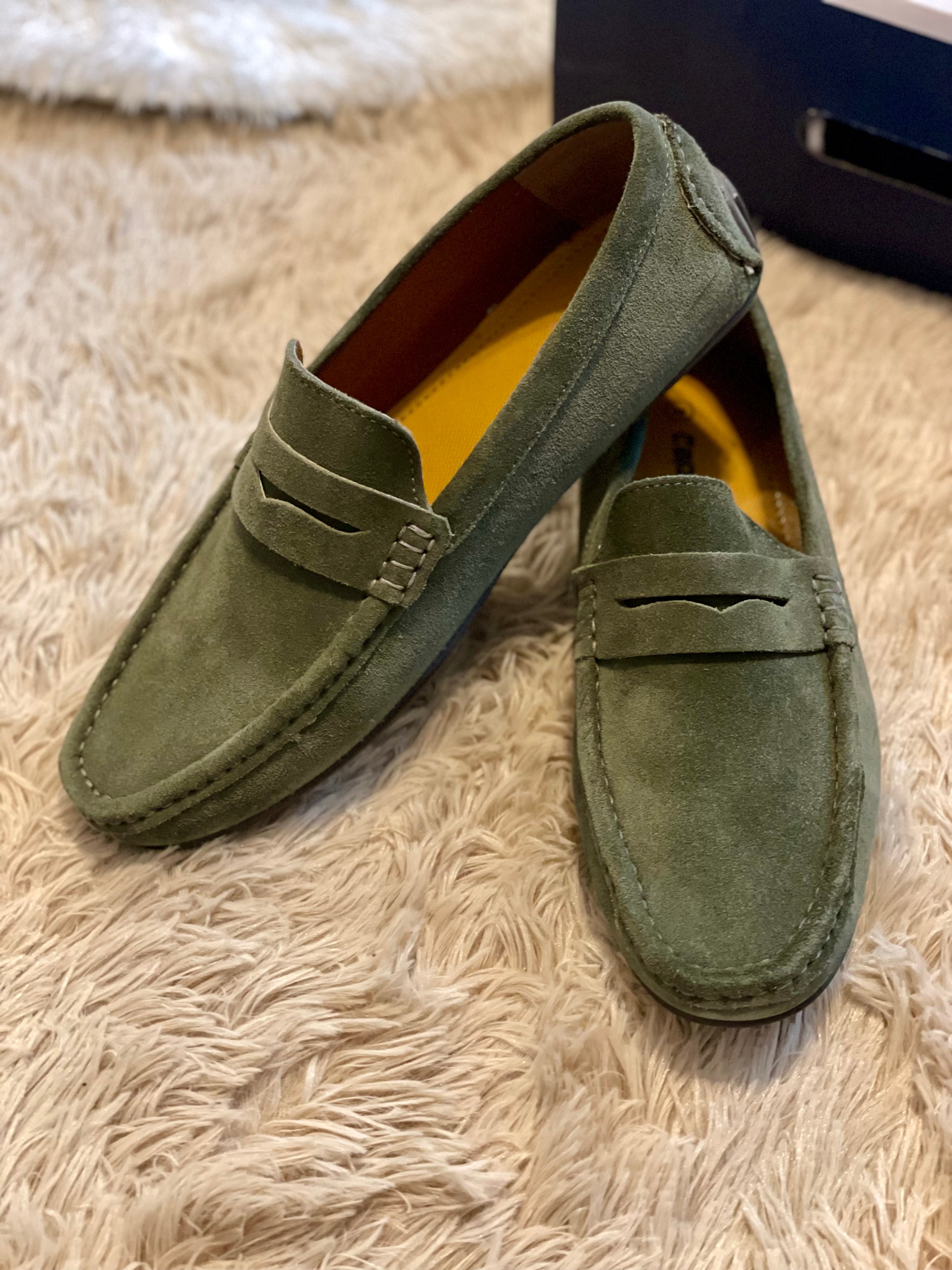 Green suede loafer
