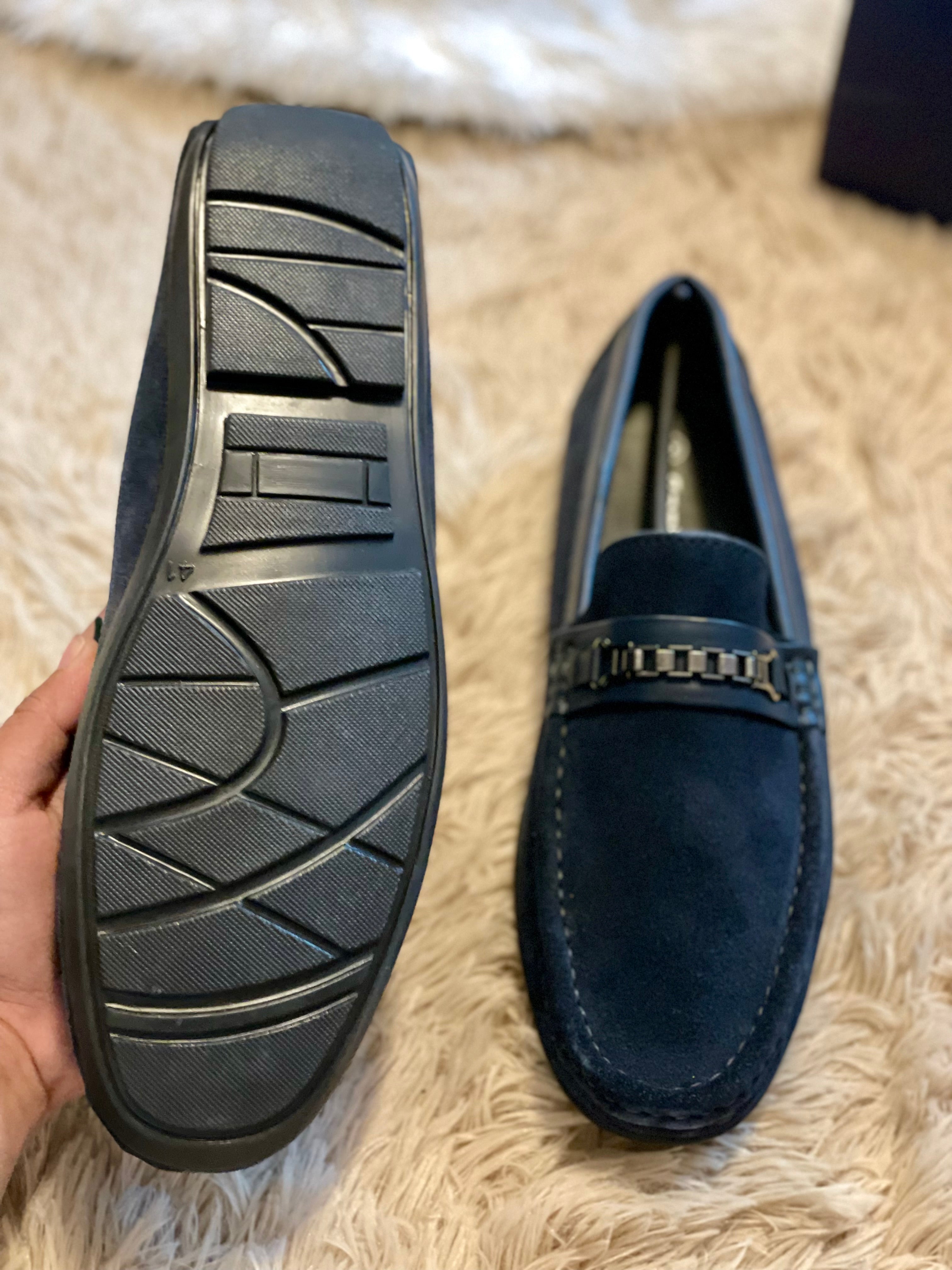 Blue suede loafers